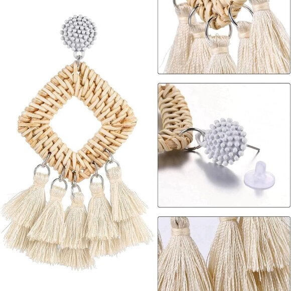 2 Pairs Rattan Tassel for Women Bohemian Woven Summer Beach Jewelry GiftsBlack a - Picture 3 of 7